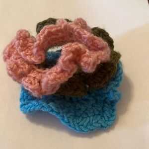 Three hand made crocheted scrunchies